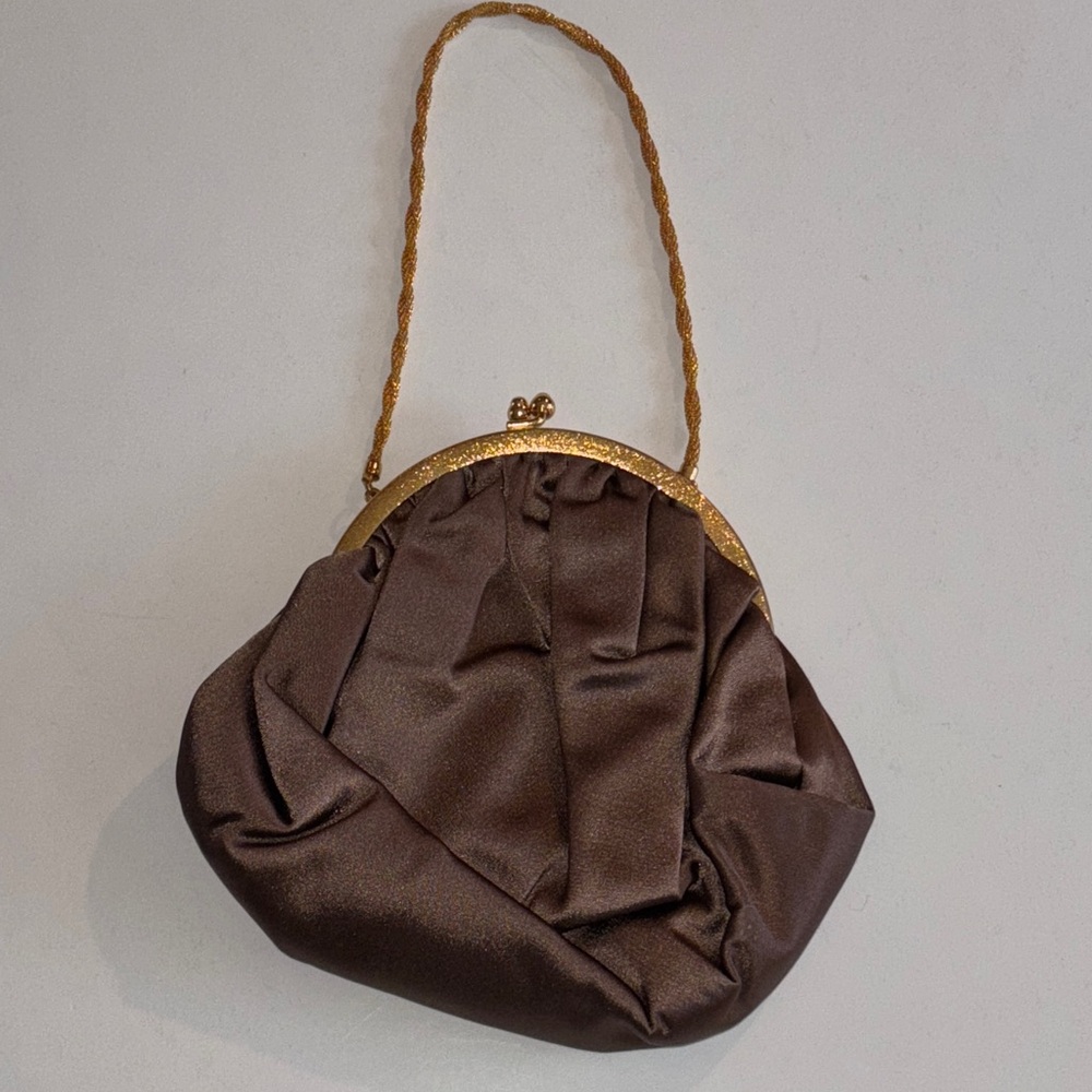 Rosenfeld Original Brown Satin Purse Gold Chain KISS Lock VINTAGE HANDBAG
